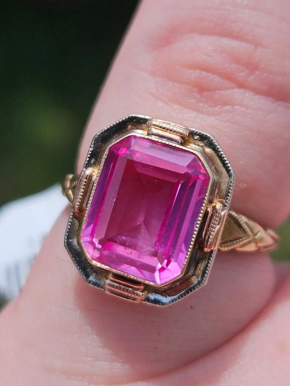 Vintage 10K Yellow Gold Pink Ice Topaz Emerald Cut Cocktail Ring Size 5.75
